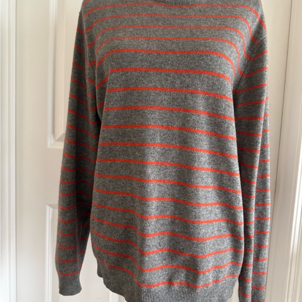 Saks Fifth Avenue Gray and Red Striped Crewneck Sweater